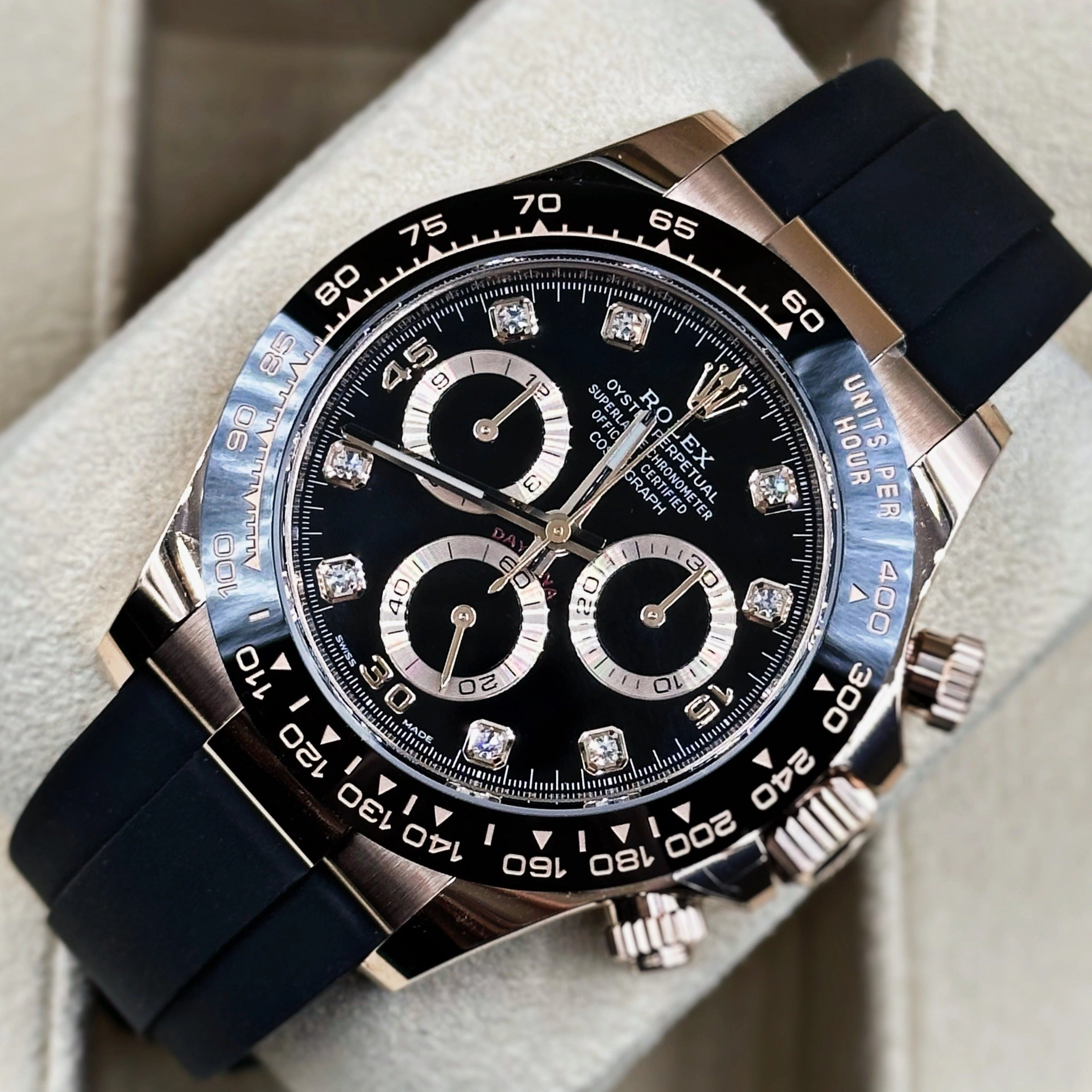 Rolex Cosmograph Daytona 40mm - Ref: 116515ln - Black Diamond Dial & Ceramic Bezel, 18K Rose Gold Case Black Oysterflex Bracelet Men's Watch