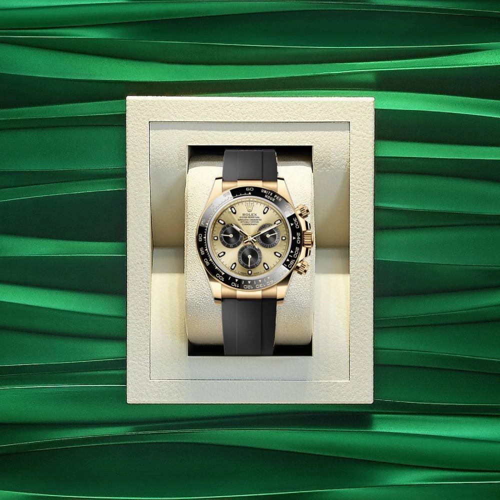Rolex Cosmograph Daytona 40mm - Ref: 116518ln-0048 - Champagne & Black Index Dial & Ceramic Bezel, 18K Yellow Gold Case Black Oysterflex Bracelet Men's Watch