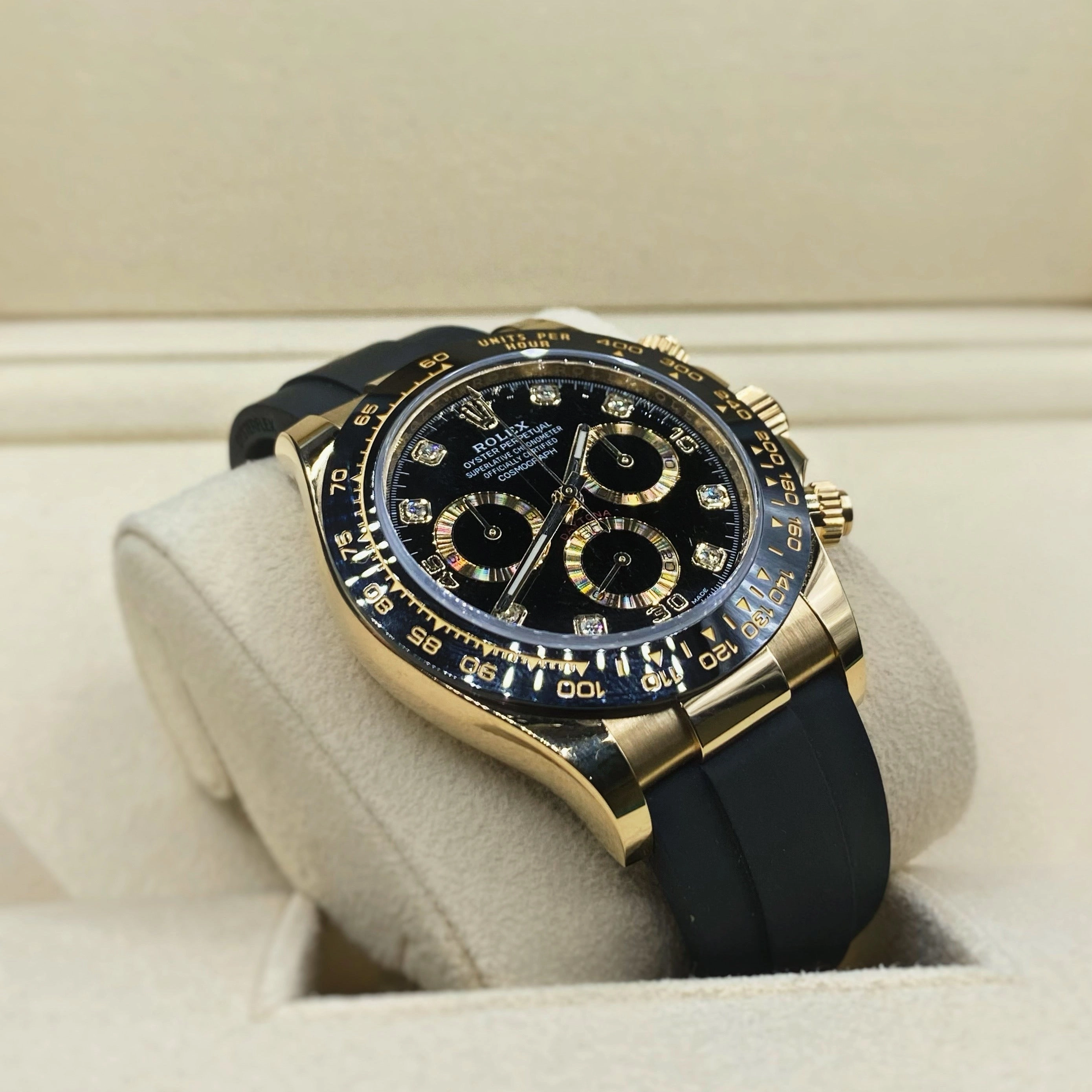 Rolex Cosmograph Daytona 40mm - Ref: 116518ln - Black Diamond Dial & Ceramic Bezel, 18K Yellow Gold Case Black Oysterflex Bracelet Men's Watch