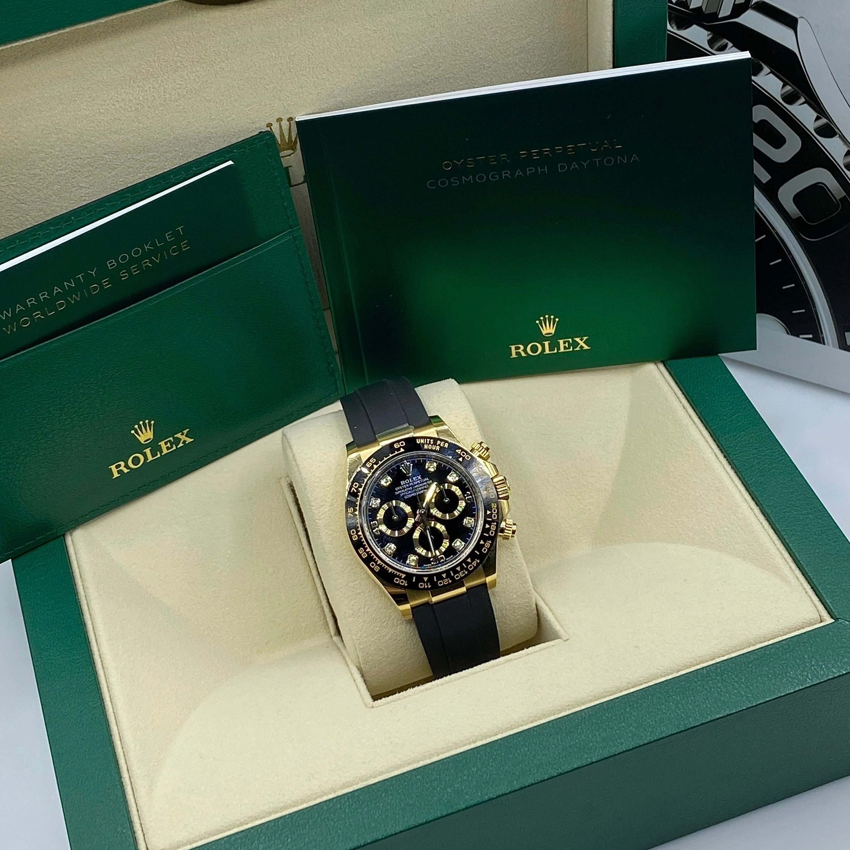 Rolex Cosmograph Daytona 40mm - Ref: 116518ln - Black Diamond Dial & Ceramic Bezel, 18K Yellow Gold Case Black Oysterflex Bracelet Men's Watch