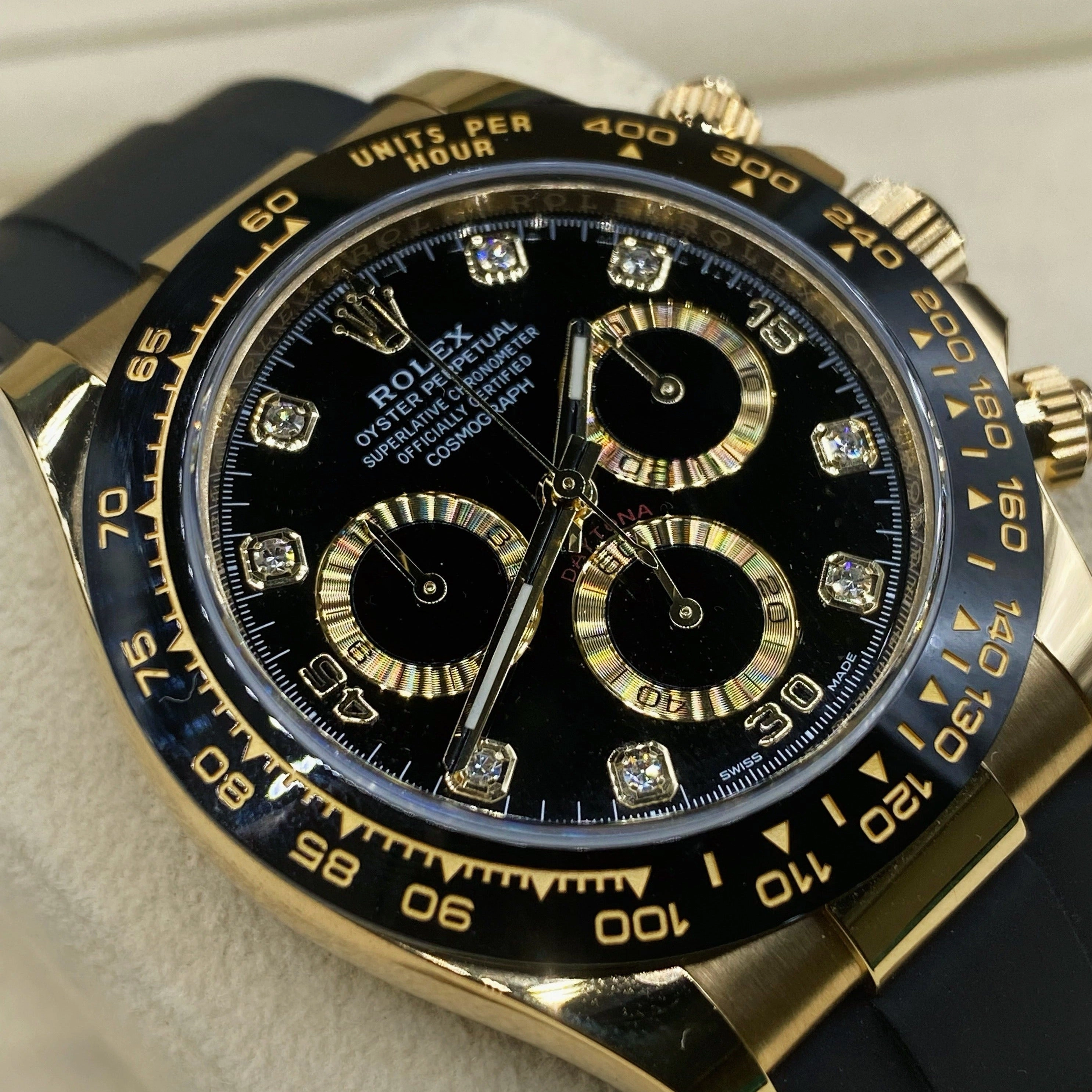 Rolex Cosmograph Daytona 40mm - Ref: 116518ln - Black Diamond Dial & Ceramic Bezel, 18K Yellow Gold Case Black Oysterflex Bracelet Men's Watch