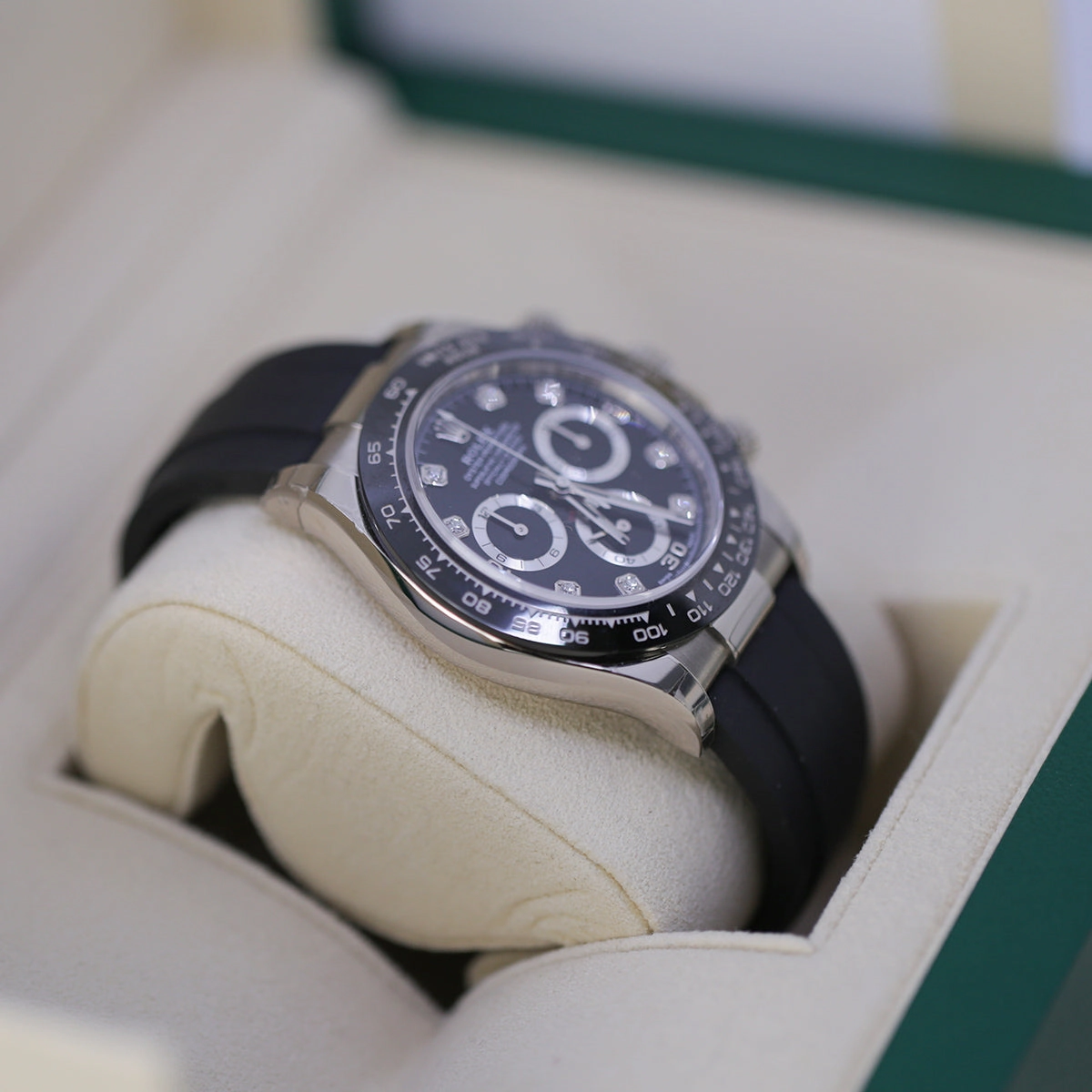 Rolex Cosmograph Daytona 40mm - Ref: 116519LN bkdof - Black Diamond Dial & Ceramic Bezel, 18K White Gold Case Black Oysterflex Bracelet Men's Watch