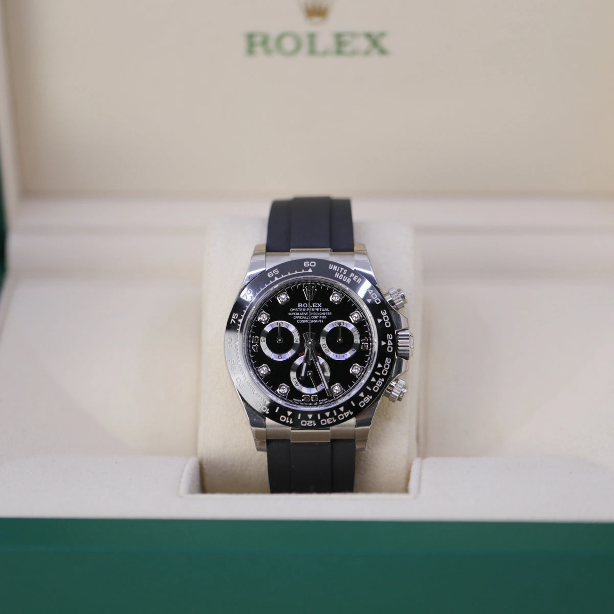 Rolex Cosmograph Daytona 40mm - Ref: 116519LN bkdof - Black Diamond Dial & Ceramic Bezel, 18K White Gold Case Black Oysterflex Bracelet Men's Watch