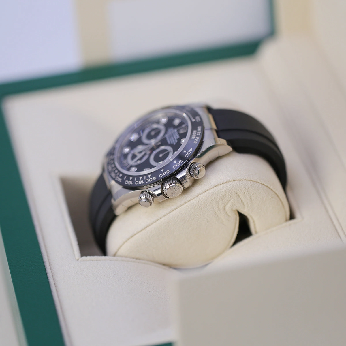 Rolex Cosmograph Daytona 40mm - Ref: 116519LN bkdof - Black Diamond Dial & Ceramic Bezel, 18K White Gold Case Black Oysterflex Bracelet Men's Watch