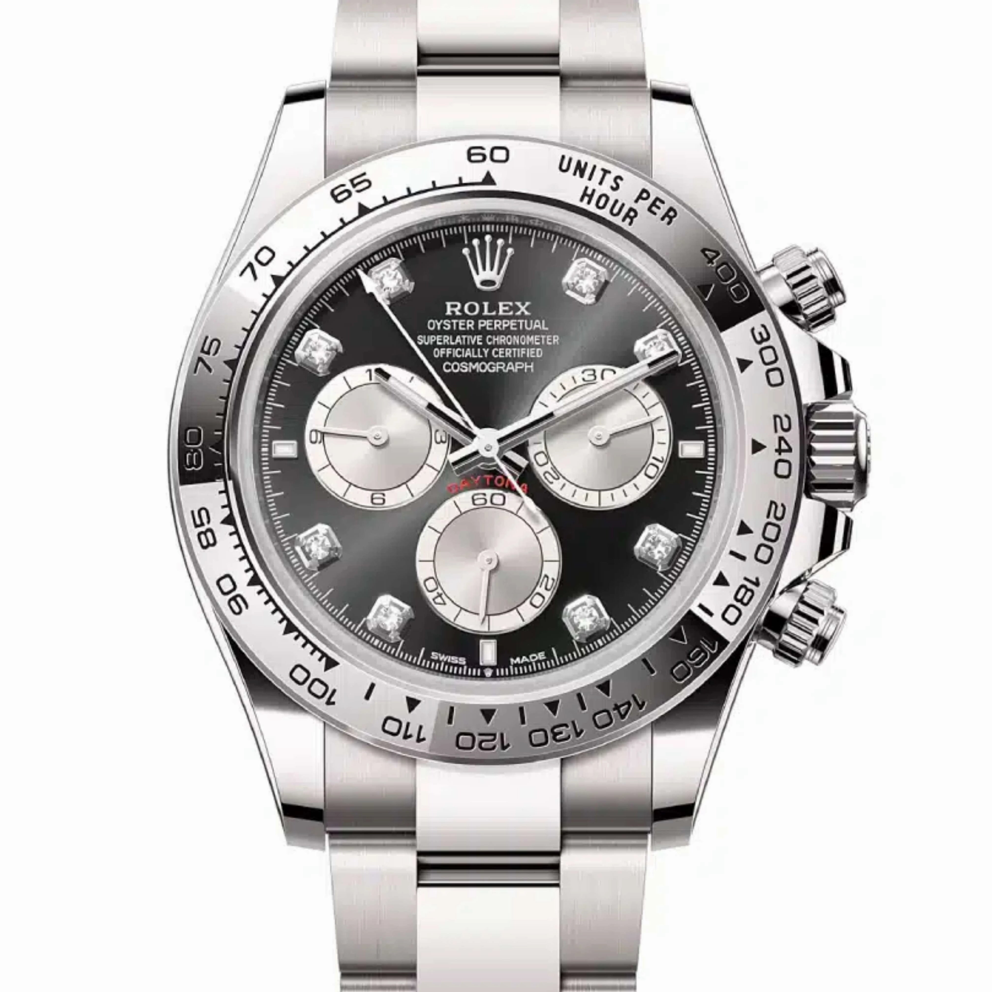 Rolex Cosmograph Daytona 40mm - Ref: 126509 - Bright Black & Steel Diamond Dial, 18K White Gold Oyster Bracelet Men's Watch