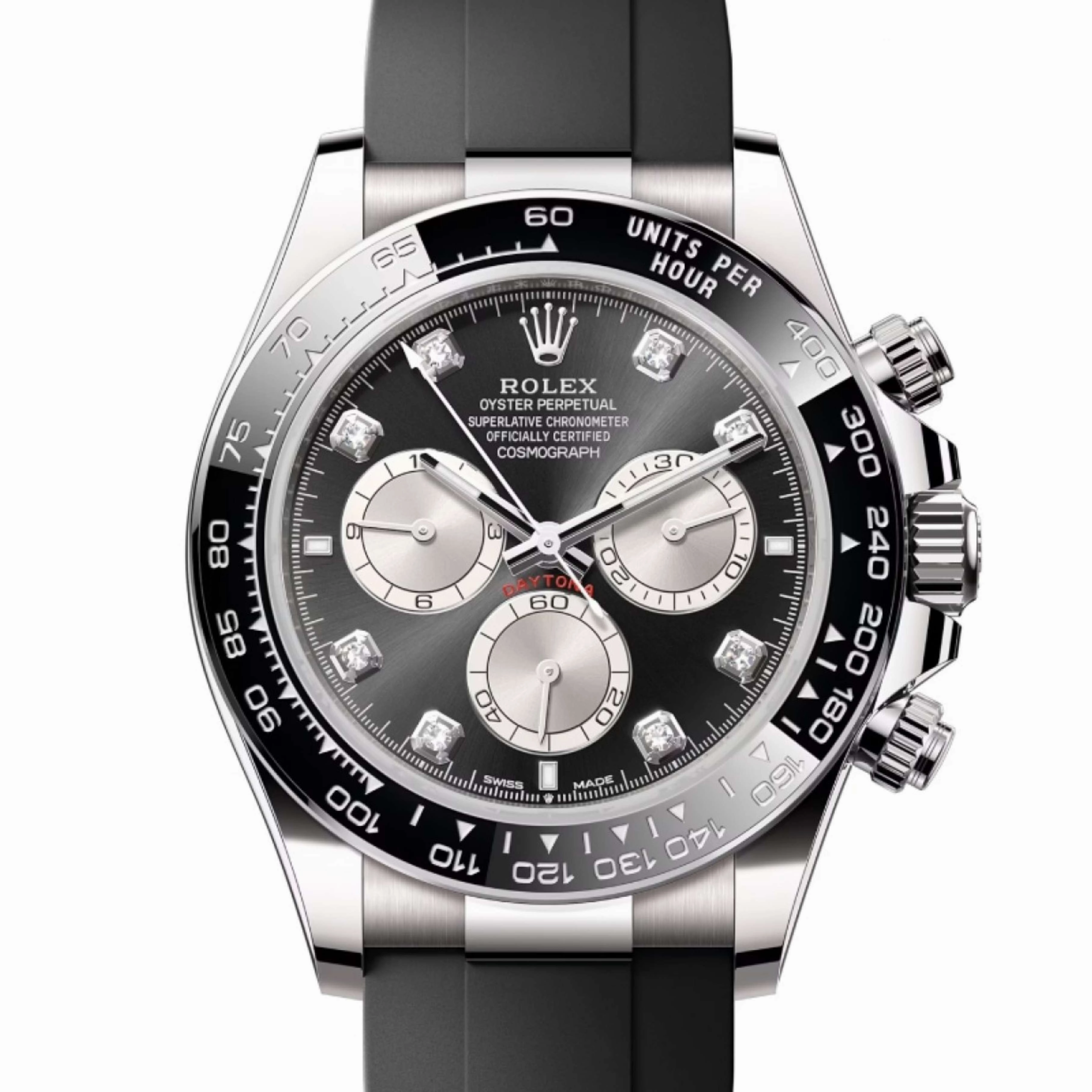 Rolex Cosmograph Daytona 40mm - Ref: 126519LN - Bright Black & Steel Diamond Dial & Ceramic Bezel, 18K White Gold Case Black Oysterflex Bracelet Men's Watch