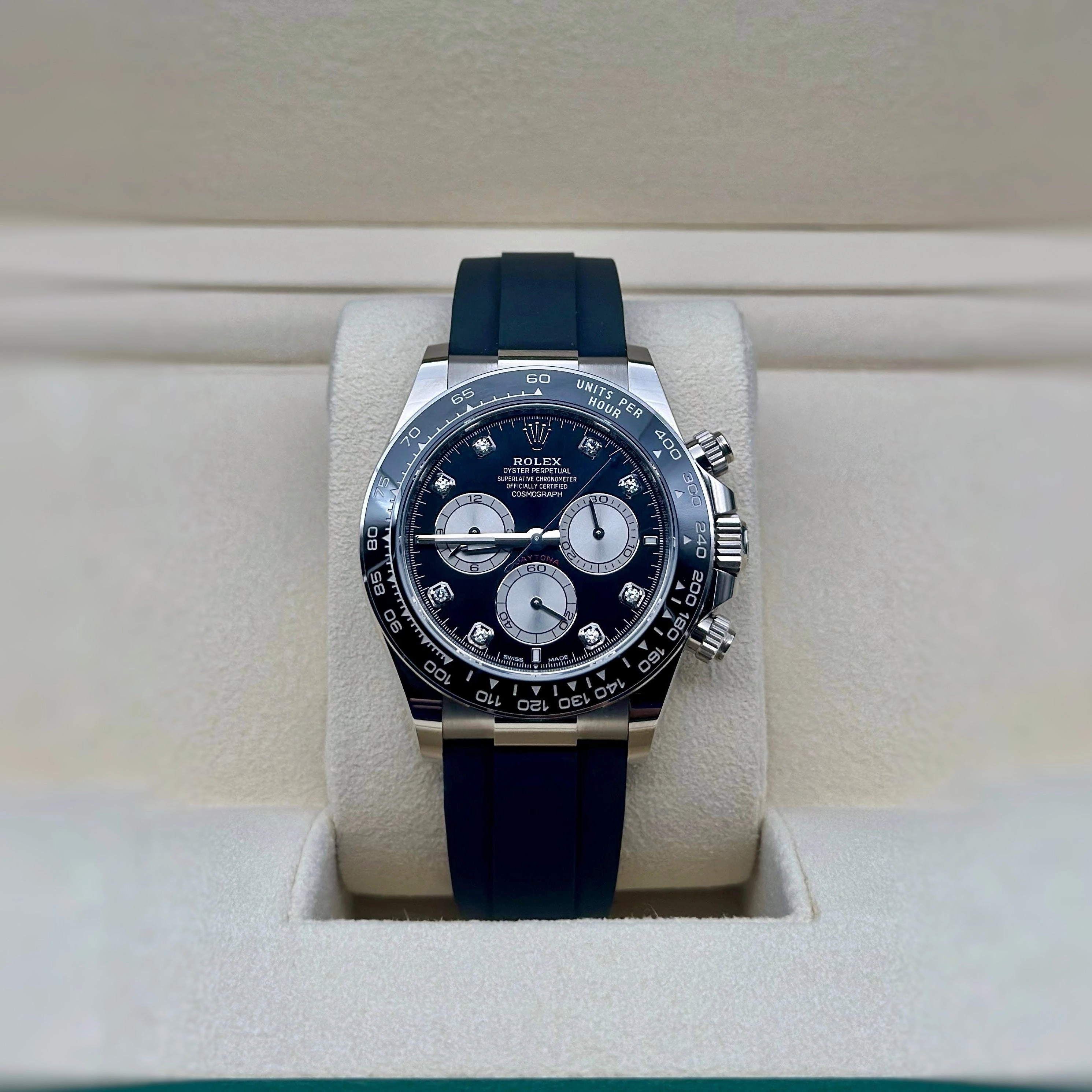 Rolex Cosmograph Daytona 40mm - Ref: 126519LN - Bright Black & Steel Diamond Dial & Ceramic Bezel, 18K White Gold Case Black Oysterflex Bracelet Men's Watch