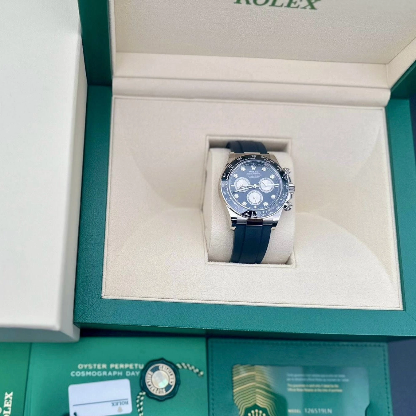Rolex Cosmograph Daytona 40mm - Ref: 126519LN - Bright Black & Steel Diamond Dial & Ceramic Bezel, 18K White Gold Case Black Oysterflex Bracelet Men's Watch