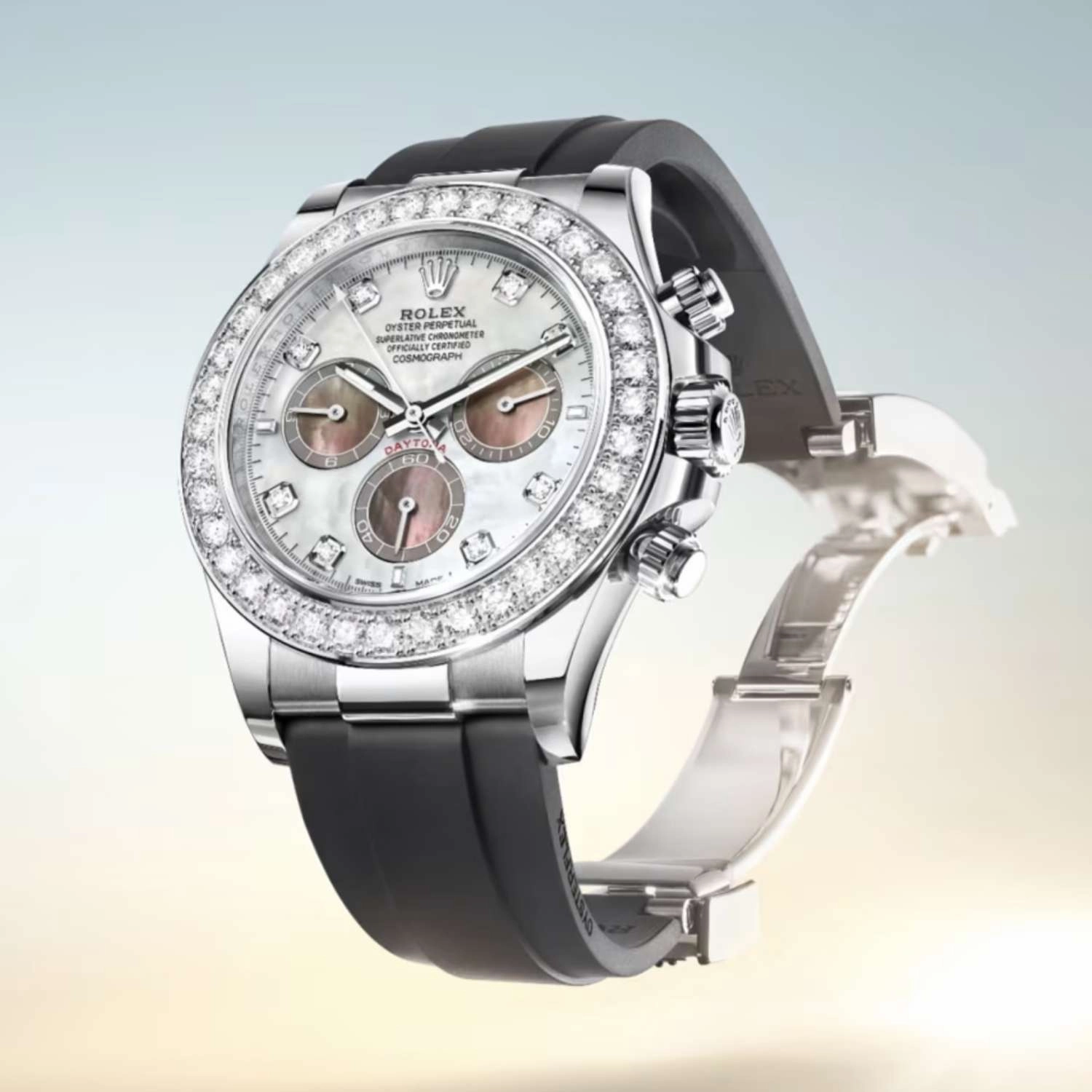 Rolex Cosmograph Daytona 40mm - Ref: 126589rbr-0001 - White & Black Mother of Pearl Diamond Dial & Diamond Bezel, 18K White Gold Case Black Oysterflex Bracelet Men's Watch