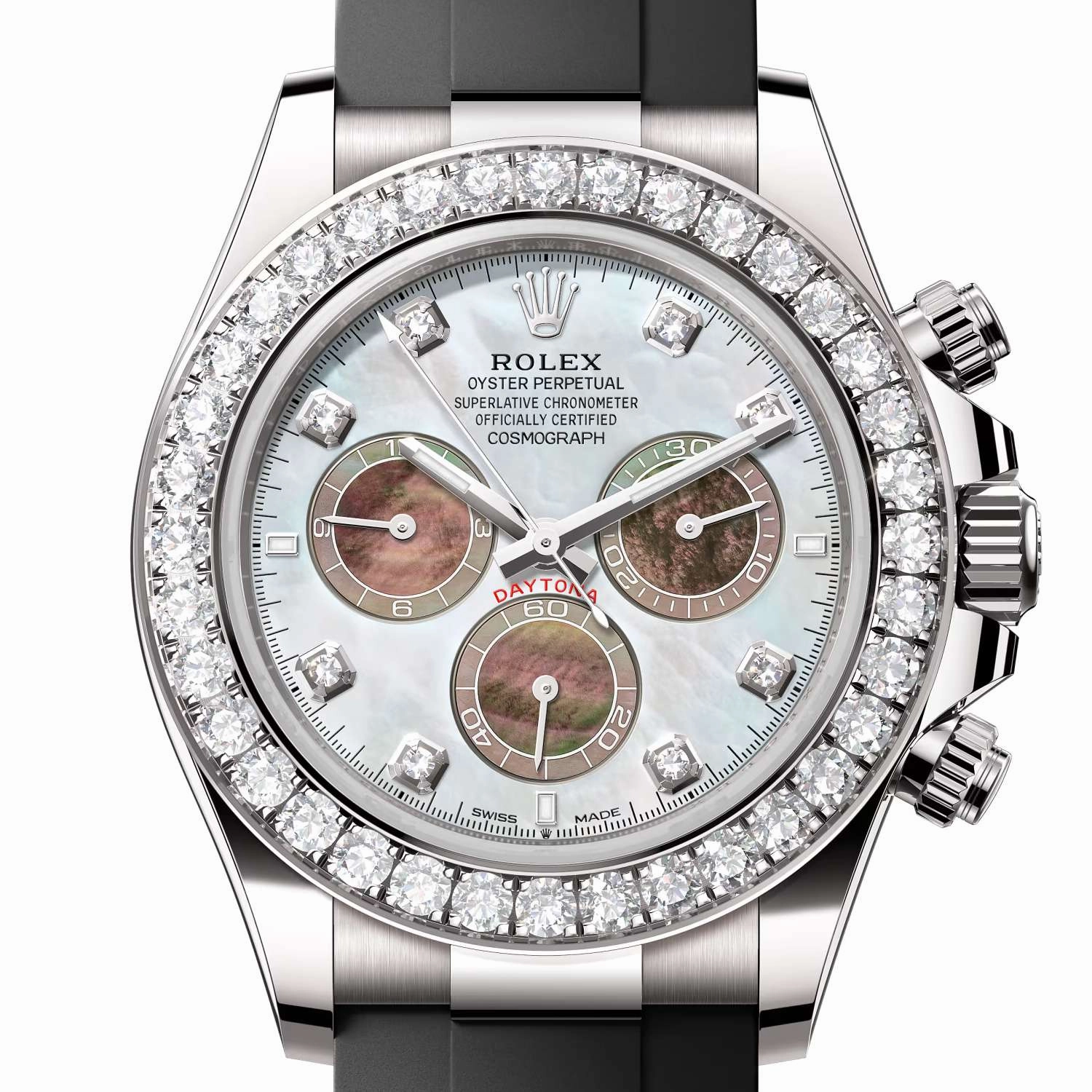Rolex Cosmograph Daytona 40mm - Ref: 126589rbr-0001 - White & Black Mother of Pearl Diamond Dial & Diamond Bezel, 18K White Gold Case Black Oysterflex Bracelet Men's Watch