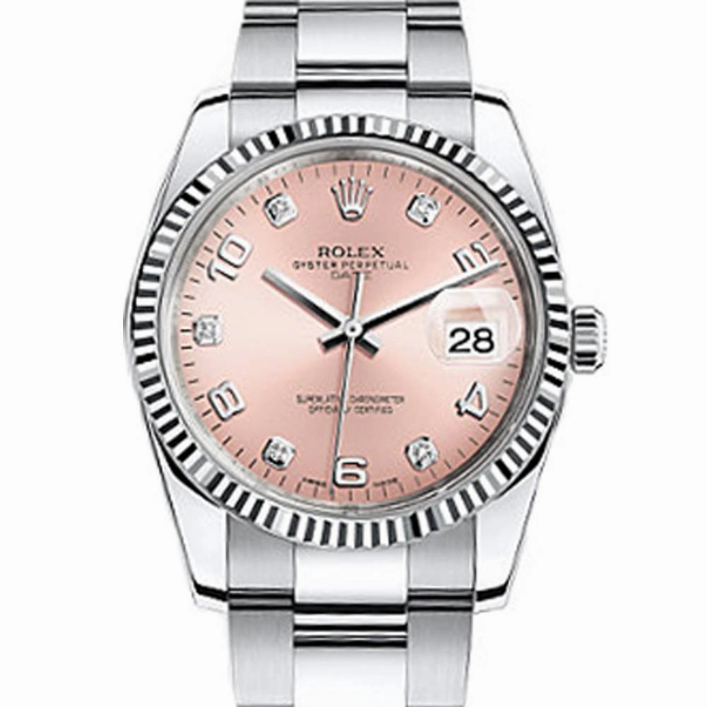 Rolex Date 34mm - Ref: 115234-0009 - Pink Diamond Dial, Stainless Steel Oyster Bracelet Watch