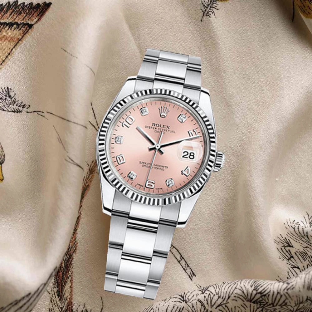 Rolex Date 34mm - Ref: 115234-0009 - Pink Diamond Dial, Stainless Steel Oyster Bracelet Watch