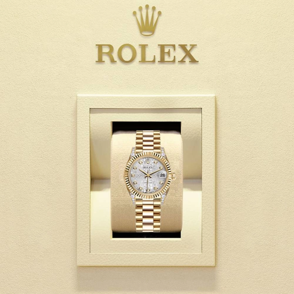 Rolex Datejust 31mm - Ref: 178238 sjdp - Silver Jubilee Dial, Diamond Case, 18K Yellow Gold President Bracelet Women's Watch