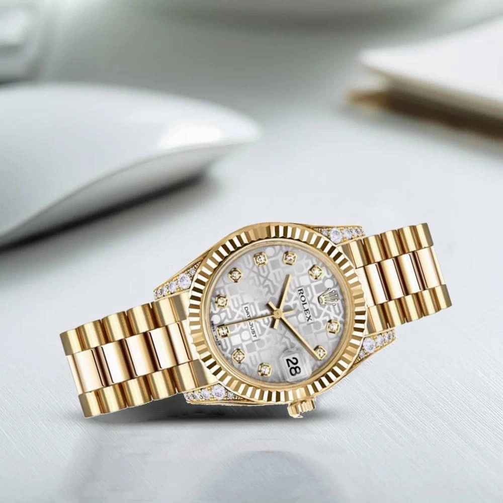 Rolex Datejust 31mm - Ref: 178238 sjdp - Silver Jubilee Dial, Diamond Case, 18K Yellow Gold President Bracelet Women's Watch