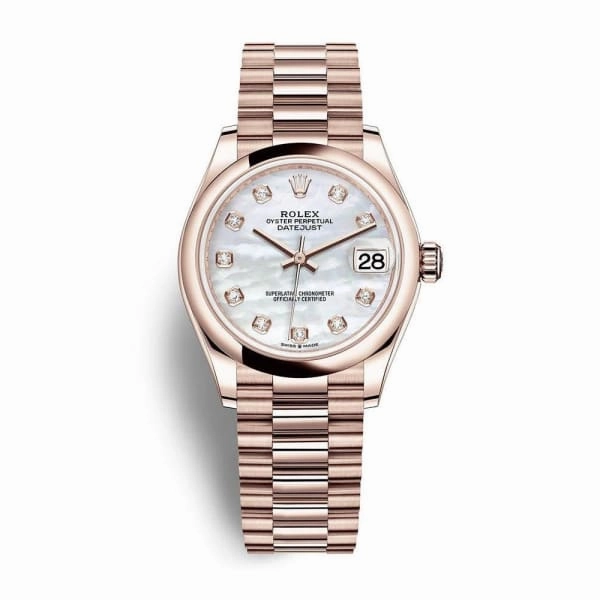 Rolex Datejust 31mm - Ref: 278245-0014 - White Mother of Pearl Diamond Dial, 18K Rose Gold Presidential Bracelet Women's Watch