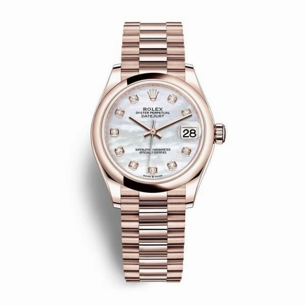 Rolex Datejust 31mm - Ref: 278245-0014 - White Mother of Pearl Diamond Dial, 18K Rose Gold Presidential Bracelet Women's Watch