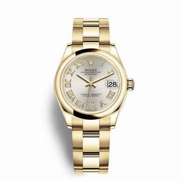 Rolex Datejust 31mm - Ref: 278248-0027 - Silver Roman Diamond Dial, 18K Yellow Gold Presidential Bracelet Women's Watch