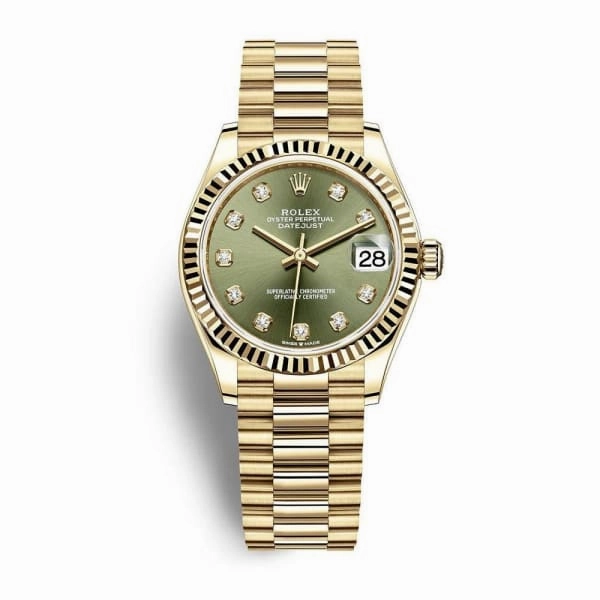 Rolex Datejust 31mm - Ref: 278278-0011 - Olive Green Diamond Dial, 18K Yellow Gold President Bracelet Women's Watch