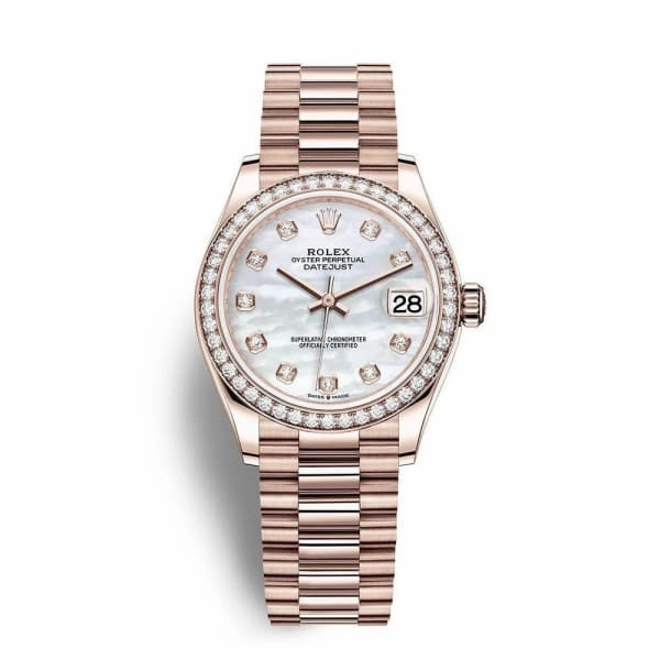 Rolex Datejust 31mm - Ref: 278285rbr-0005 - White Mother of Pearl Diamond Dial & Diamond Bezel, 18K Rose Gold President Bracelet Women's Watch