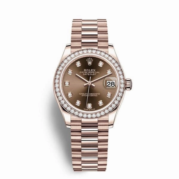 Rolex Datejust 31mm - Ref: 278285rbr-0006 - Chocolate Diamond Dial & Diamond Bezel, 18K Rose Gold President Bracelet Women's Watch