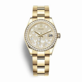 Rolex Datejust 31mm - Ref: 278288rbr-0010 - Mother of Pearl Butterfly Diamond Pave Dial, 18K Yellow Gold Oyster Bracelet Women's Watch
