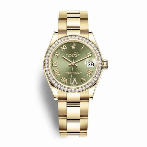 Rolex Datejust 31mm - Ref: 278288rbr-0023 - Olive Green Roman Diamond Dial & Diamond Bezel, 18K Yellow Gold Oyster Bracelet Women's Watch