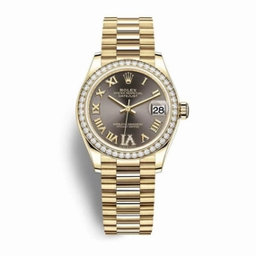 Rolex Datejust 31mm - Ref: 278288rbr-0026 - Dark Grey Roman Diamond Dial & Diamond Bezel, 18K Yellow Gold President Bracelet Women's Watch