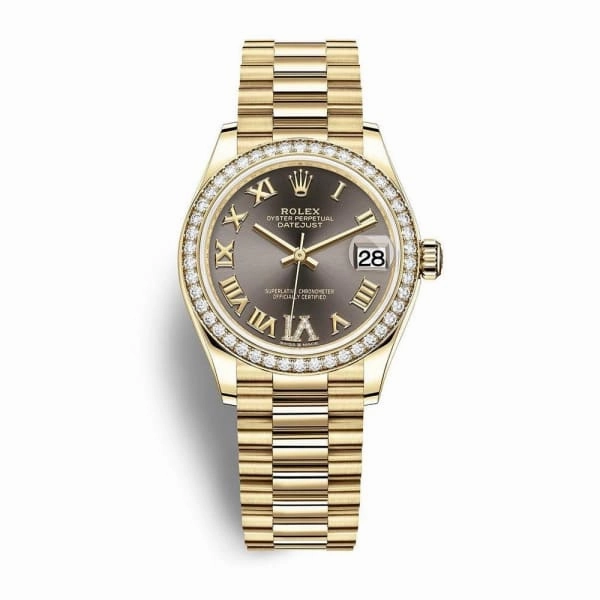 Rolex Datejust 31mm - Ref: 278288rbr-0026 - Dark Grey Roman Diamond Dial & Diamond Bezel, 18K Yellow Gold President Bracelet Women's Watch