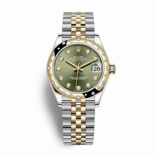 Rolex Datejust 31mm - Ref: 278343rbr-0030 - Olive Green Diamond Dial & Diamond Bezel, Two Tone Stainless Steel & 18K Yellow Gold Jubilee Bracelet Women's Watch