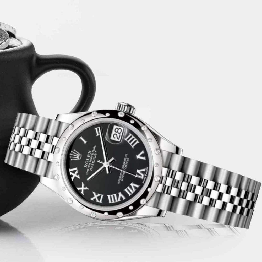 Rolex Datejust 31mm - Ref: 278344rbr-0002 - Black Roman Dial & Diamond Bezel, Stainless Steel Jubilee Bracelet Women's Watch
