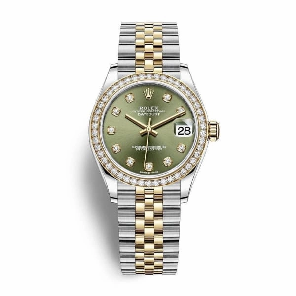 Rolex Datejust 31mm - Ref: 278383rbr-0030 - Olive Green Diamond Dial & Diamond Bezel, Two Tone Stainless Steel & 18K Yellow Gold Jubilee Bracelet Women's Watch