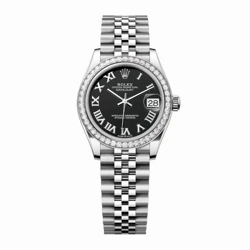 Rolex Datejust 31mm - Ref: 278384rbr-0002 - Black Roman Dial & Diamond Bezel, Stainless Steel Jubilee Bracelet Women's Watch