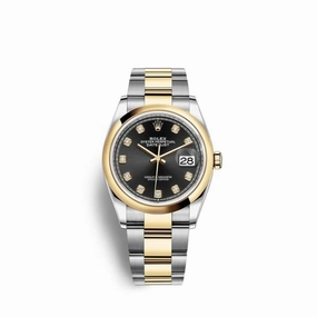 Rolex Datejust 36mm - Ref: 126203-0022 - Black Diamond Dial, Two Tone Stainless Steel & 18K Yellow Gold Oyster Bracelet Watch