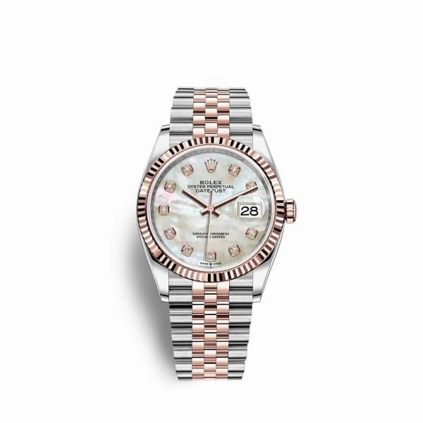 Rolex Datejust 36mm - Ref: 126231-0021 - White Mother of Pearl Diamond Dial, Two Tone Stainless Steel & 18K Rose Gold Jubilee Bracelet Watch