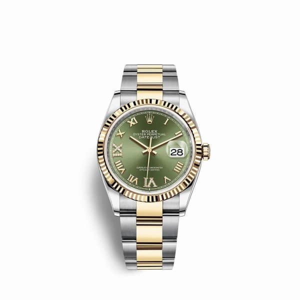 Rolex Datejust 36mm - Ref: 126233-0026 - Green Roman Diamond Dial, Two Tone Stainless Steel & 18K Yellow Gold Oyster Bracelet Watch