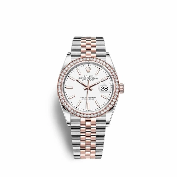 Rolex Datejust 36mm - Ref: 126281rbr-0005 - White Stick Dial & Diamond Bezel, Two Tone Stainless Steel & 18K Rose Gold Jubilee Bracelet Watch