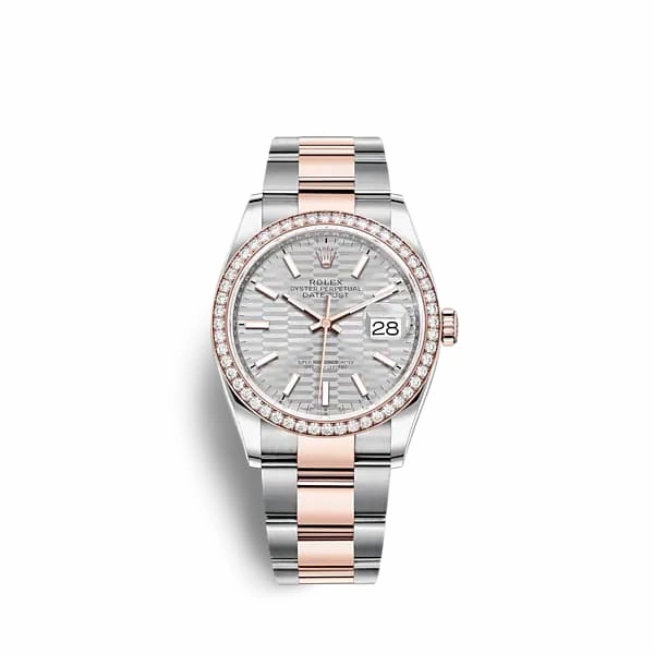 Rolex Datejust 36mm - Ref: 126281rbr-0022 - Silver Fluted Motif Dial & Diamond Bezel, Two Tone Stainless Steel & 18K Rose Gold Jubilee Bracelet Watch