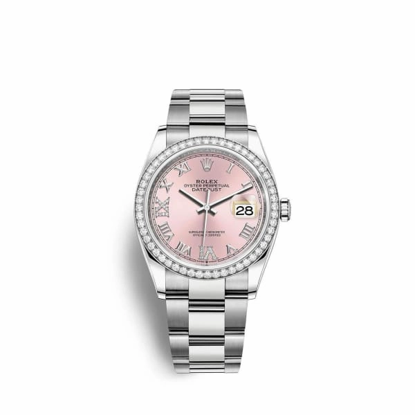 Rolex Datejust 36mm - Ref: 126284rbr-0024 - Pink Roman Diamond Dial & Diamond Bezel, Stainless Steel Oyster Bracelet Watch