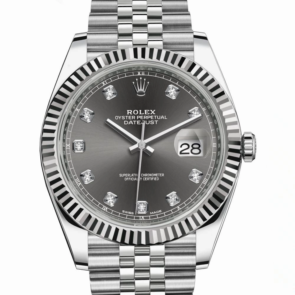 Rolex Datejust 41mm - Ref: 126334-0006 - Rhodium Grey Diamond Dial, Stainless Steel Jubilee Bracelet Men's Watch
