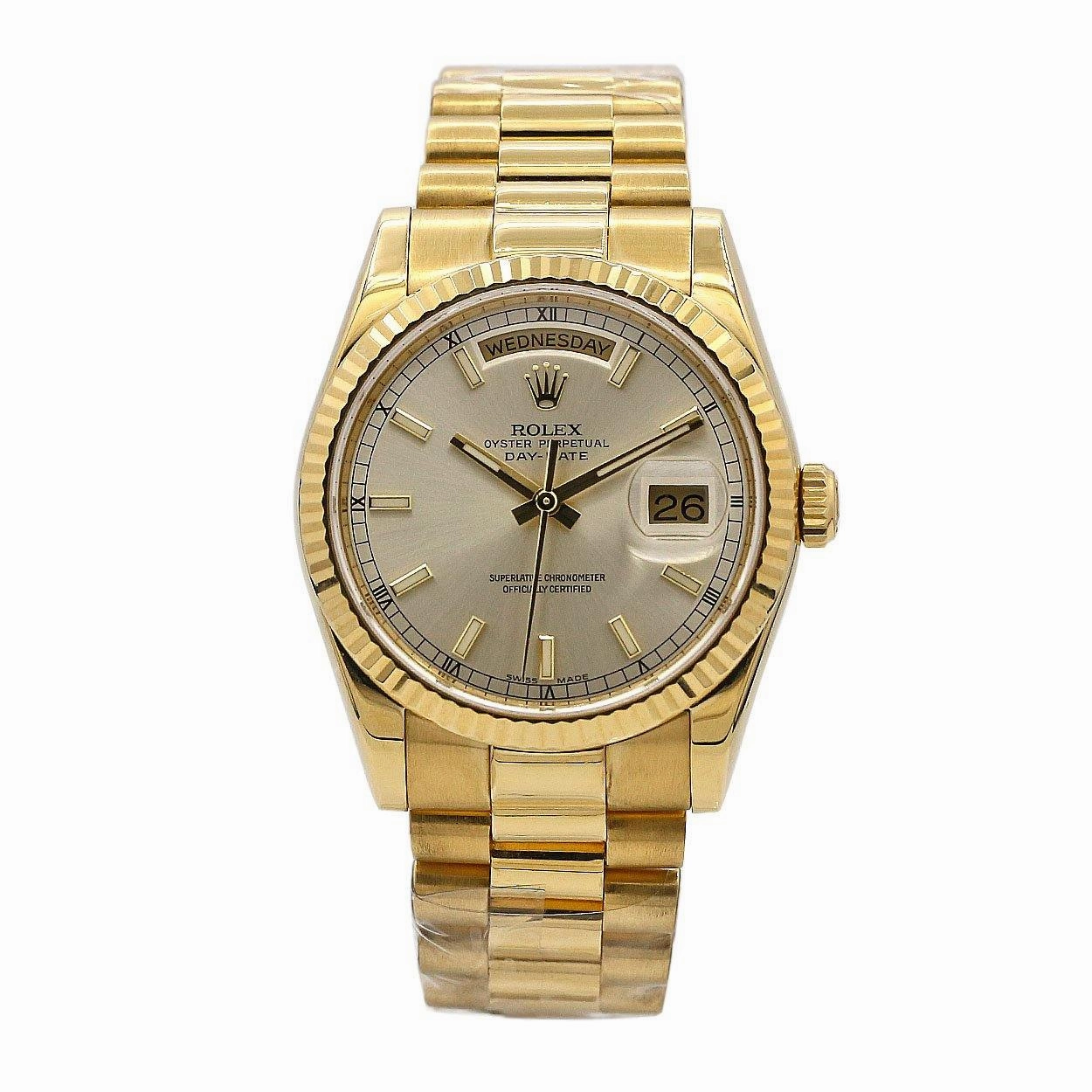 Rolex Day Date 36mm - Ref: 118238sip - Silver Dial & Fluted Bezel, 18K Yellow Gold President Bracelet Watch