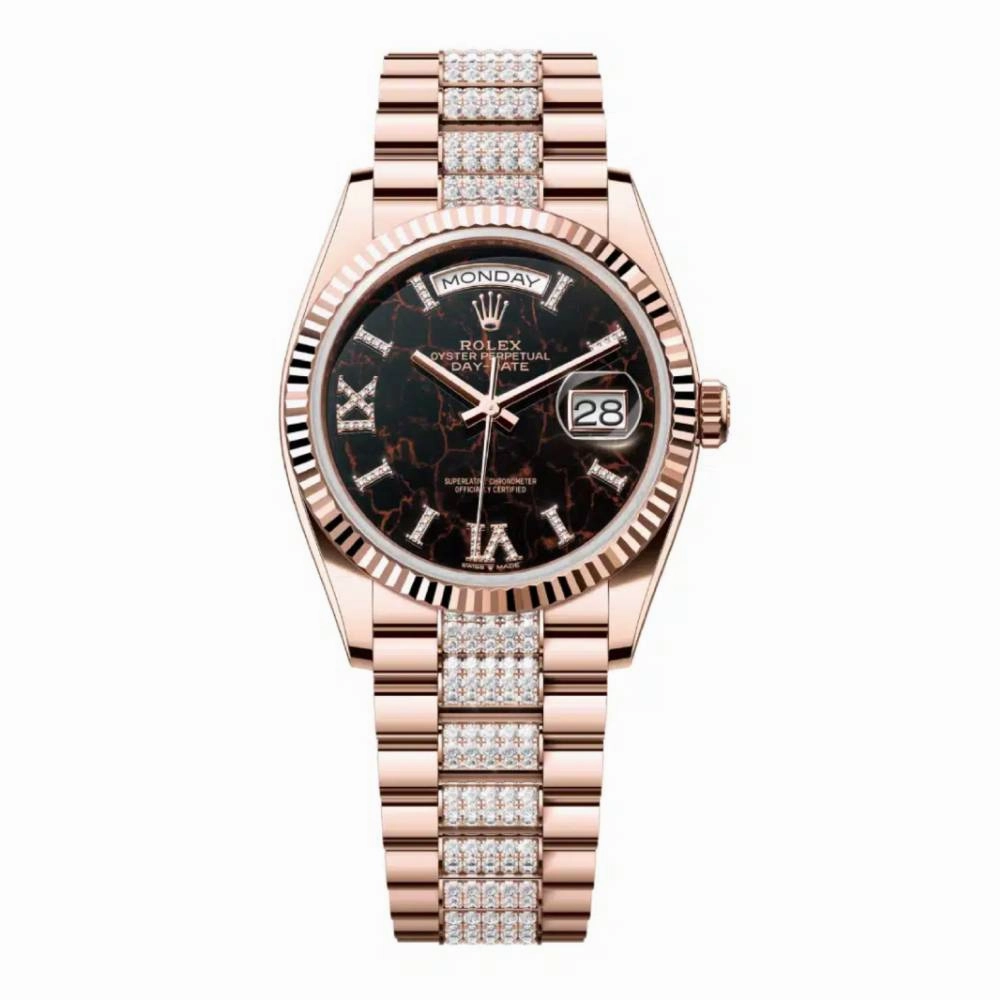 Rolex Day Date 36mm - Ref: 128235-0042 - Eisenkiesel Roman Dial & Fluted Bezel, 18K Rose Gold & Diamonds President Bracelet Watch