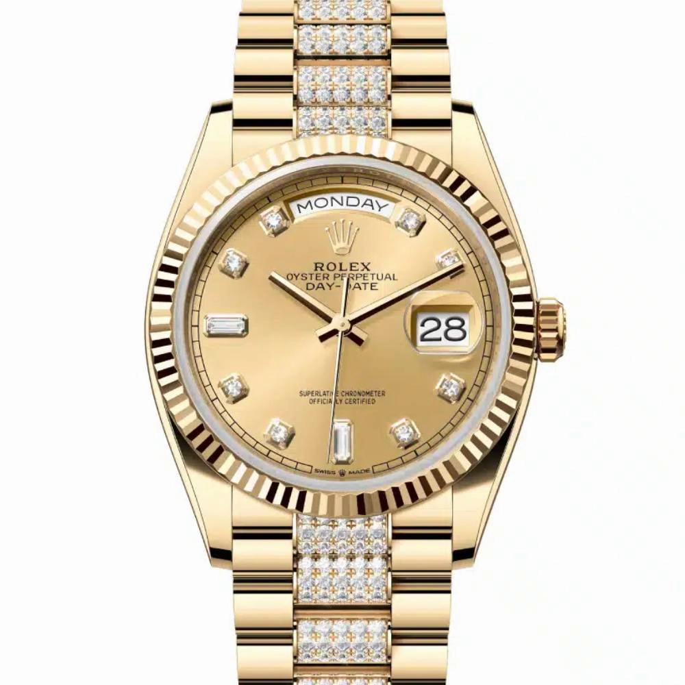 Rolex Day Date 36mm - Ref: 128238-0026 - Champagne Diamond Dial & Fluted Bezel, 18K Yellow Gold & Diamonds President Bracelet Watch