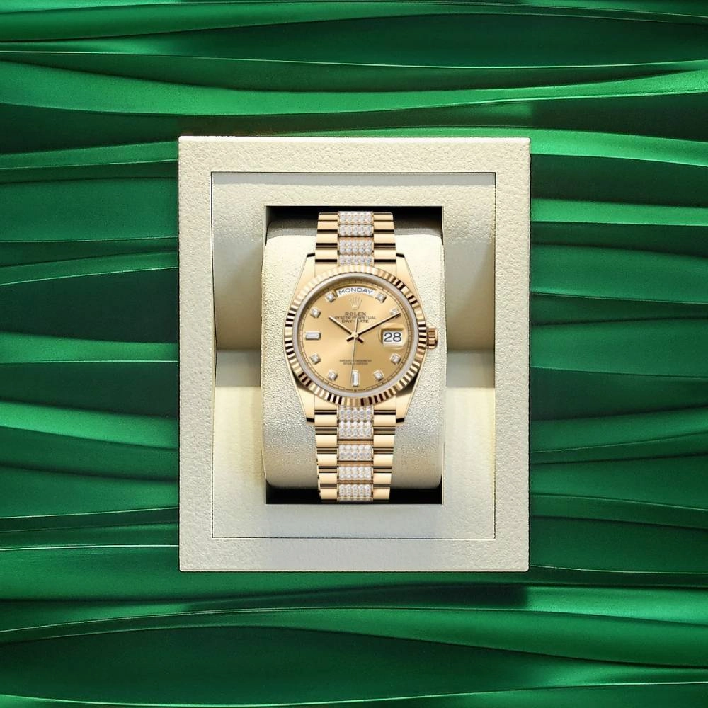 Rolex Day Date 36mm - Ref: 128238-0026 - Champagne Diamond Dial & Fluted Bezel, 18K Yellow Gold & Diamonds President Bracelet Watch