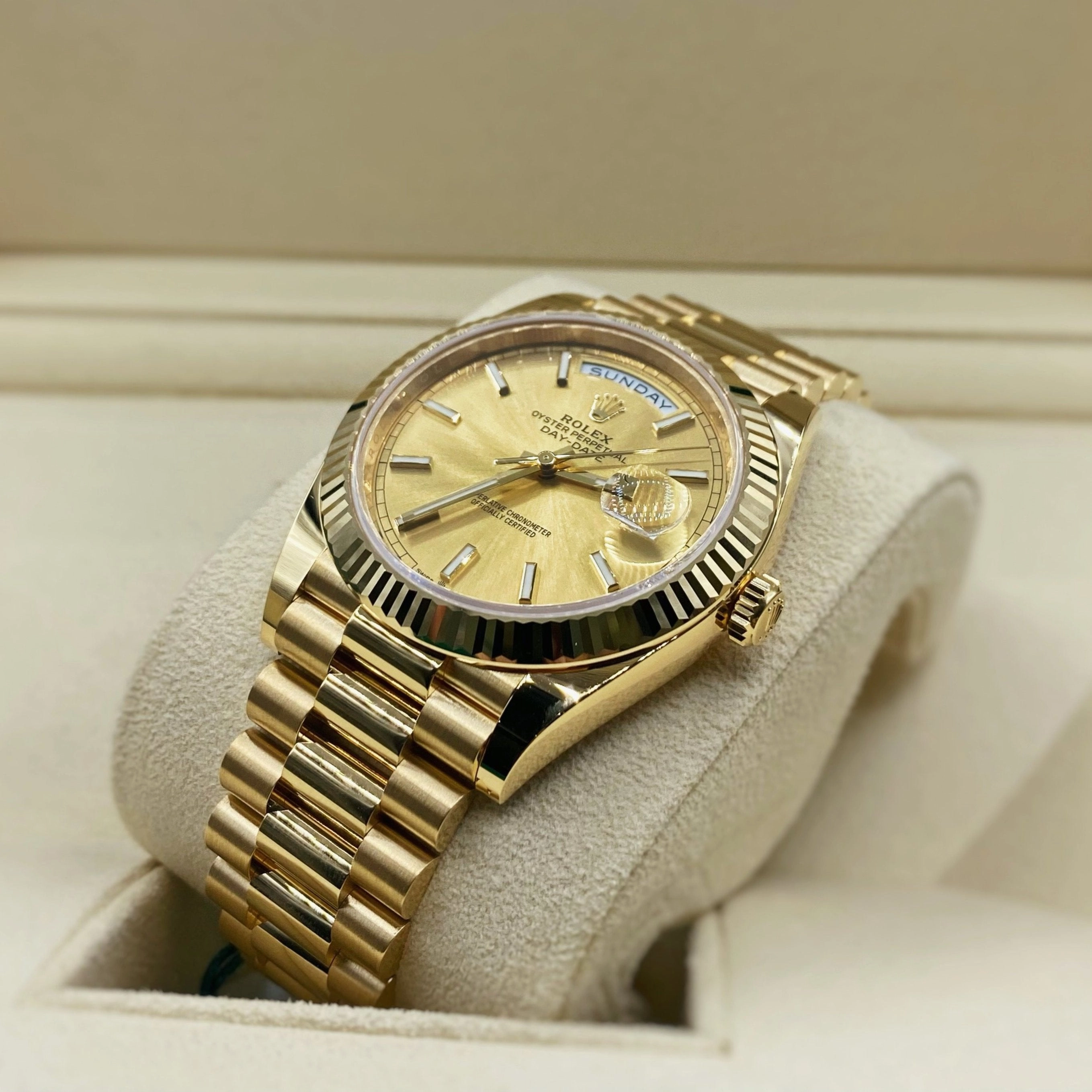 Rolex Day Date 36mm - Ref: 128238-0045 - Champagne Dial & Fluted Bezel, 18K Yellow Gold President Bracelet Watch