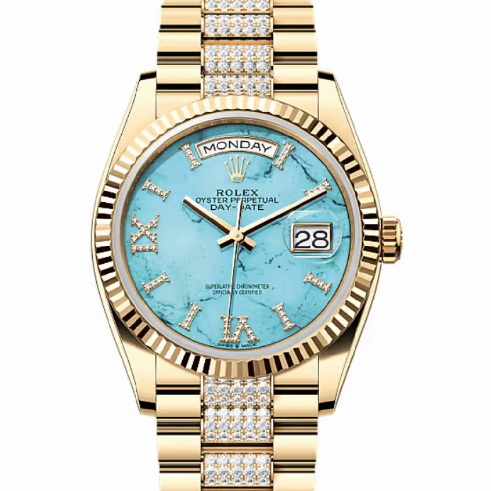 Rolex Day Date 36mm - Ref: 128238-0072 - Tiffany Blue Turquoise Roman Diamond Dial & Fluted Bezel, 18K Yellow Gold & Diamonds President Bracelet Watch