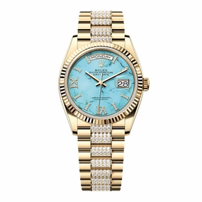 Rolex Day Date 36mm - Ref: 128238-0072 - Tiffany Blue Turquoise Roman Diamond Dial & Fluted Bezel, 18K Yellow Gold & Diamonds President Bracelet Watch