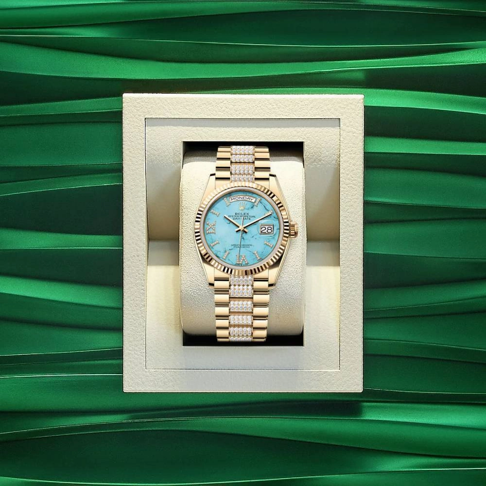 Rolex Day Date 36mm - Ref: 128238-0072 - Tiffany Blue Turquoise Roman Diamond Dial & Fluted Bezel, 18K Yellow Gold & Diamonds President Bracelet Watch