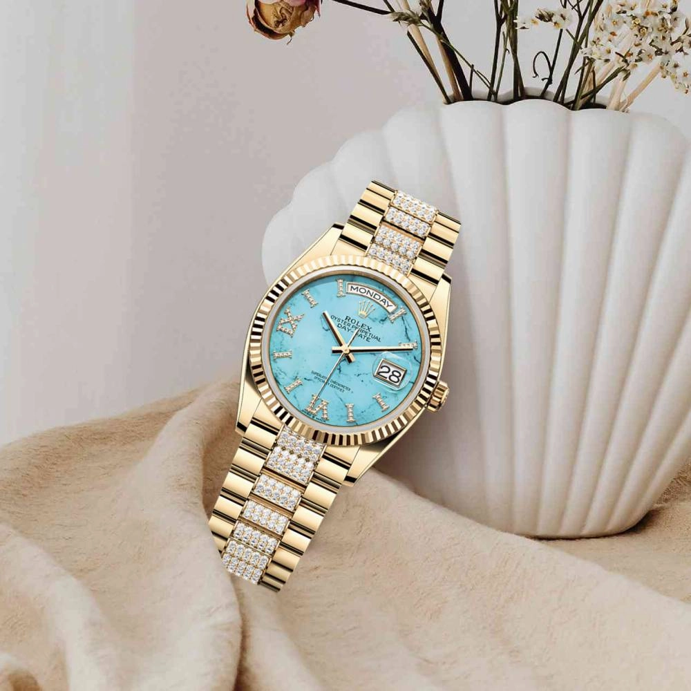 Rolex Day Date 36mm - Ref: 128238-0072 - Tiffany Blue Turquoise Roman Diamond Dial & Fluted Bezel, 18K Yellow Gold & Diamonds President Bracelet Watch