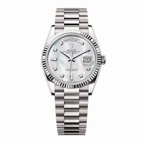 Rolex Day Date 36mm - Ref: 128239-0007 - White Mother of Pearl Diamond Dial & Fluted Bezel, 18K White Gold President Bracelet Watch