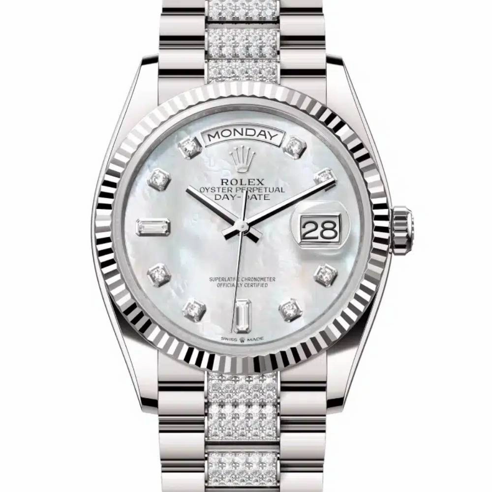Rolex Day Date 36mm - Ref: 128239-0026 - White Mother of Pearl Diamond Dial & Fluted Bezel, 18K White Gold & Diamonds President Bracelet Watch